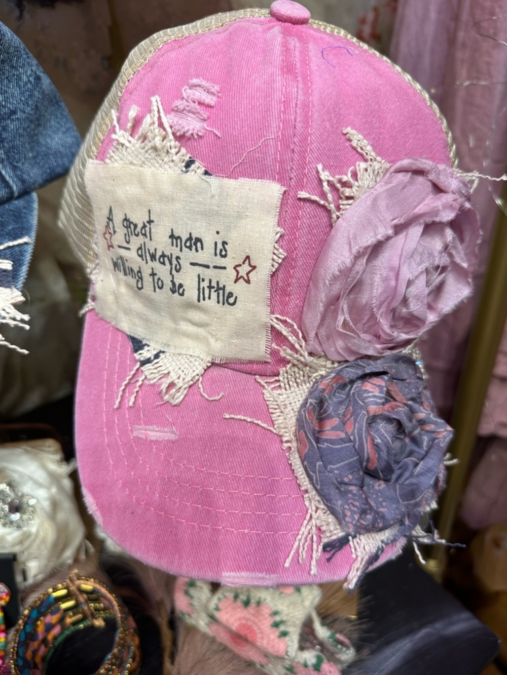 Pink Floral Appliqué Distressed Baseball Cap